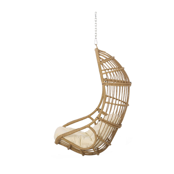 English Elm Christopher Knight Home® - SANSA Outdoor Wicker Hanging Basket Chair with Water‑Resistant Cushions, Iron Frame, Weatherproof Lounge Brown+Beige 70429.00LBGE