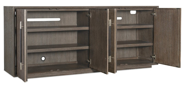 Hooker Furniture Modern Mood Entertainment Console With Quartered Oak Veneers, Raffia Doors, Soft-Close Storage & Power Medium Brown 6850-55482-89