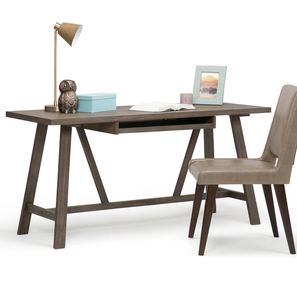 English Elm Dylan Solid Wood Desk with Driftwood Wire-Brushed Finish, Trestle Support, Keyboard Tray, 60" Surface Dark Brown B136P158143