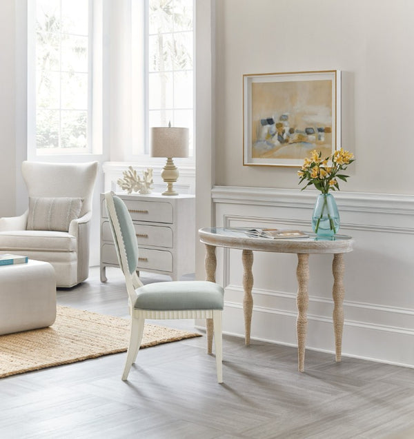 Hooker Furniture Serenity Oval Coastal Writing Desk With Hand-Painted Blue-Gold Glass Top, Oak Veneer Surf Finish 6350-10458-80