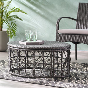 English Elm Christopher Knight Home® - BRUCE Wicker Rattan Coffee Table with Boho Weave Top, Durable Polyethylene Construction, 32.5"W Grey 70417.00GRY