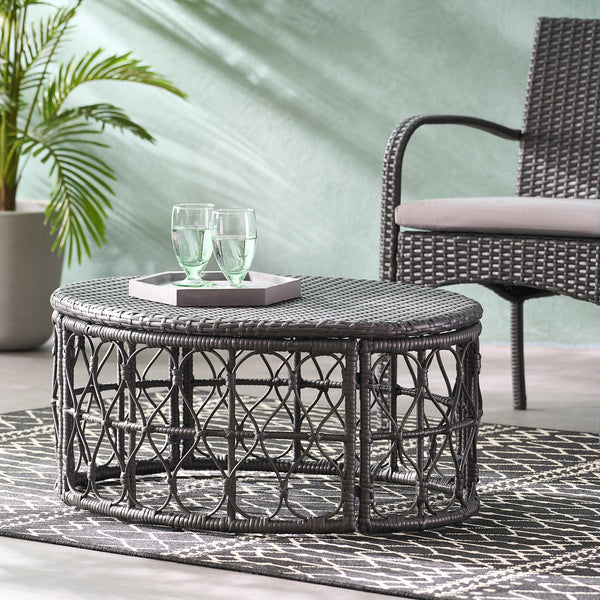English Elm Christopher Knight Home® - BRUCE Wicker Rattan Coffee Table with Boho Weave Top, Durable Polyethylene Construction, 32.5"W Grey 70417.00GRY
