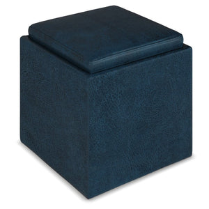 English Elm Rockwood Cube Storage Ottoman With Flip-Over Tray - Stylish Dark Blue Vegan Leather & Hidden Storage B136P159097-GIGA