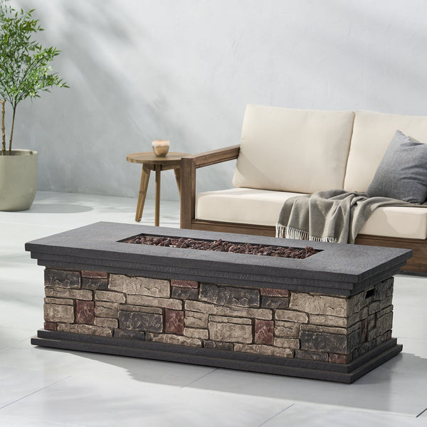 English Elm Rectangle Mgo Propane Fire Pit Faux Stone Finish 50000 Btu Outdoor Patio Centerpiece 63692.00-50K