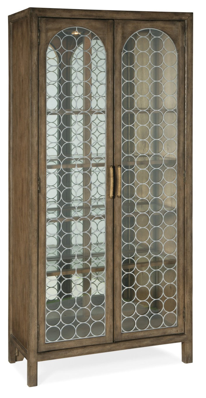 Hooker Furniture Sundance Pecan Display Cabinet With Antique Mirror Back, Metal Fretwork, Adjustable Glass Shelves & Lighting 6015-75906-89