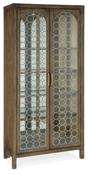 Hooker Furniture Sundance Pecan Display Cabinet With Antique Mirror Back, Metal Fretwork, Adjustable Glass Shelves & Lighting 6015-75906-89