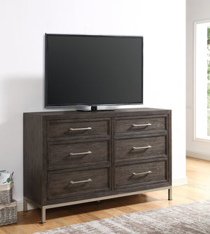 English Elm Steve Silver - Broomfield Dresser in Brown Walnut with Champagne Metal Base & Arched Hardware, 6-Drawer Elegant Chest B081P157746