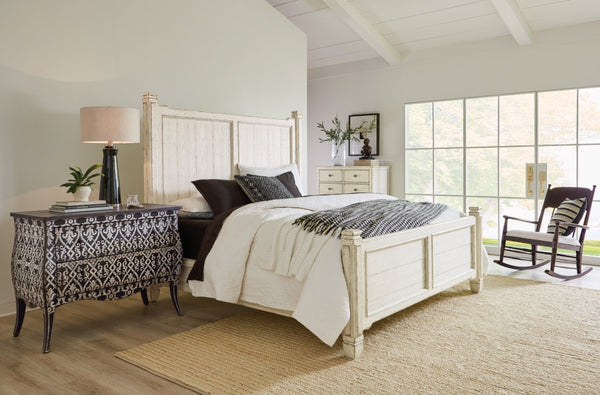 Hooker Furniture Americana King Panel Bed With Distressed Daisy Finish, Planked Headboard, Carved Scrollwork Accents Whites/Creams/Beiges 7050-90266-02