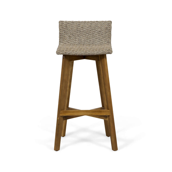 English Elm Christopher Knight Home® - LA La Brea Acacia Wood & Wicker Barstool Set of 2 — Outdoor Faux Rattan Seats with Iron X-Stretcher Frame Brown 65431.00LBRN