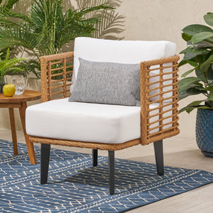 English Elm Christopher Knight Home® - NIC Club Chair Brown PE Rattan with Acacia Wood Legs, Modern Outdoor Wicker, Water-Resistant Cushion 71339.00LBRN