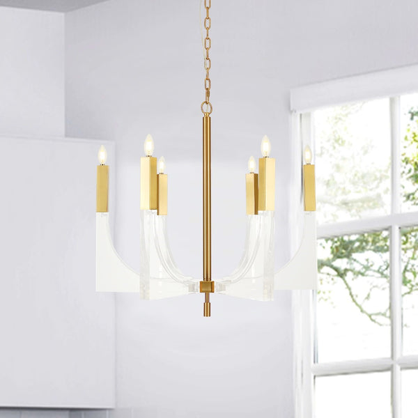 Pasargad Home Omeara Modern Metal & Acrylic Chandelier - Clear Brass Elegance For Any Room Clear Metal & Acrylic Plh3576-6