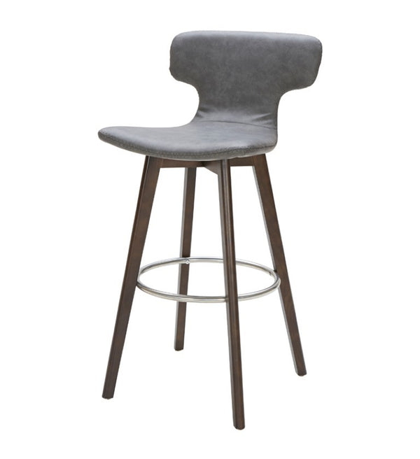 VIG Furniture Zach Mid-Century Dark Grey Eco-Leather Bar Stool — Solid Wood Legs, Chrome Footrest, Contoured Comfort VGKKY1252-DKGRY