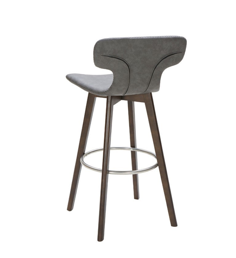 VIG Furniture Zach Mid-Century Dark Grey Eco-Leather Bar Stool — Solid Wood Legs, Chrome Footrest, Contoured Comfort VGKKY1252-DKGRY