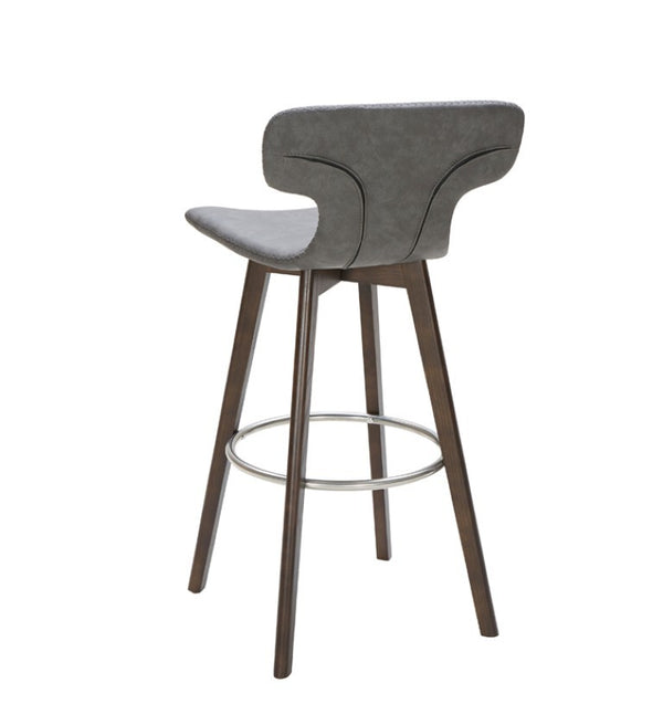 VIG Furniture Zach Mid-Century Dark Grey Eco-Leather Bar Stool — Solid Wood Legs, Chrome Footrest, Contoured Comfort VGKKY1252-DKGRY