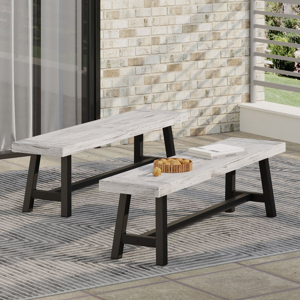 English Elm Dark Acacia Slatted Dining Bench Handcrafted with Iron Frame for Farmhouse Spaces Grey+Black 54562.00SGRY