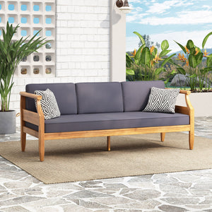 English Elm Christopher Knight Home® - ASTON Teak 3 Seater Sofa — Mid-Century Acacia Wood Frame, Slat Design & Water-Resistant Cushions 73001.00DGRY