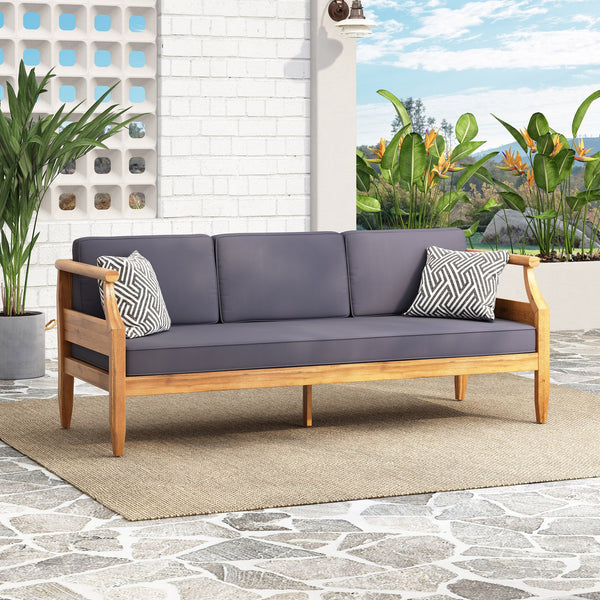English Elm Christopher Knight Home® - ASTON Teak 3 Seater Sofa — Mid-Century Acacia Wood Frame, Slat Design & Water-Resistant Cushions 73001.00DGRY