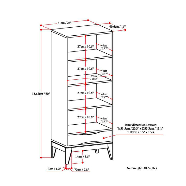 English Elm Harper Mid-Century Modern Bookcase With Adjustable Shelves & Spacious Drawer For Stylish Storage B136P158715