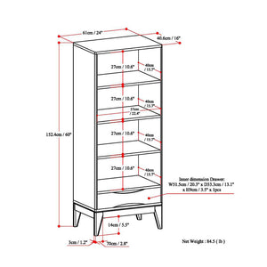 English Elm Harper Bookcase With Adjustable Shelves & Drawer - Mid-Century Modern Walnut Brown Storage Solution B136P158167
