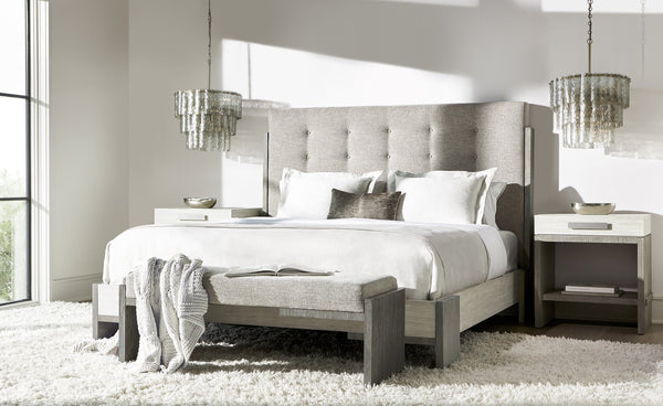 Bernhardt Bernhardt Upholstered Button-Tufted Queen Bed — Rustic Modern Acacia Frame, Linen & Light Shale Finish K1651