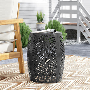English Elm Metal Cylindrical Accent Table Powder Coated Iron with Tropical Palm Leaf Lattice Design Black 73613.00BLK