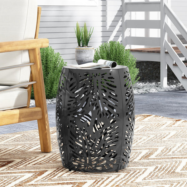 English Elm Metal Cylindrical Accent Table Powder Coated Iron with Tropical Palm Leaf Lattice Design Black 73613.00BLK