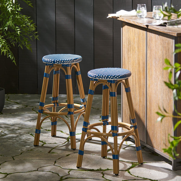 English Elm Outdoor Tropical Pe Rattan Backless Barstools Aluminum Frame Poolside Set of 2 72607.00