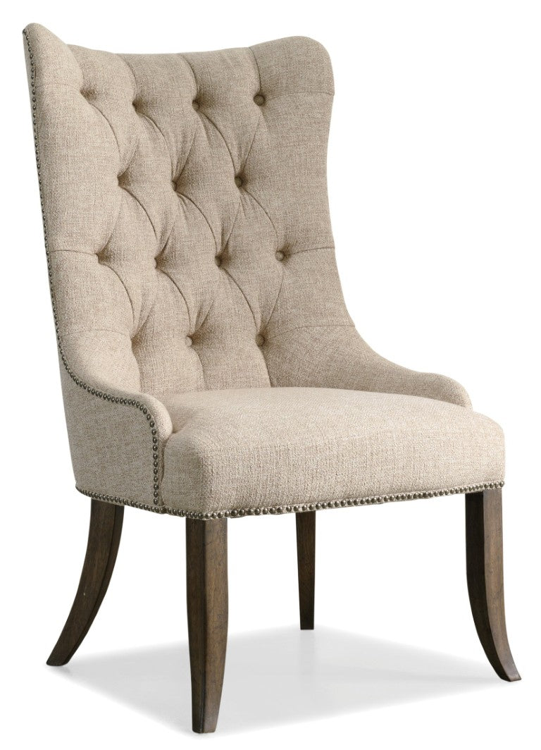 Hooker Furniture Rhapsody Tufted Dining Chair In Aurora Ecru With Walnut Reclaimed-Look Legs — Plush Comfort, Rustic Elegance 5070-75511