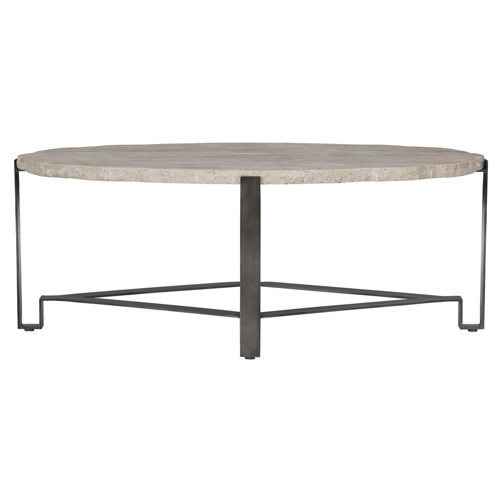 Bernhardt Bernhardt Oval Travertine Cocktail Table With Chiseled Edge And Oil‑Rubbed Bronze Geometric Base — Transitional Centerpiece (48.13"W X 28.19"D X 18.75"H) 414013