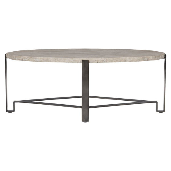 Bernhardt Bernhardt Oval Travertine Cocktail Table With Chiseled Edge And Oil‑Rubbed Bronze Geometric Base — Transitional Centerpiece (48.13"W X 28.19"D X 18.75"H) 414013