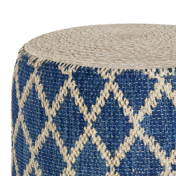English Elm Edgeley Handwoven Round Pouf Ottoman with Jute & Cotton Diamond Pattern – Supportive Structured Seat Blue B136P159341