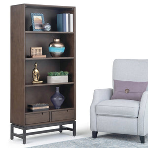 English Elm Banting Mid-Century Modern Bookcase – Walnut Brown With Metal Frame, Adjustable Shelves & Drawers B136P158465