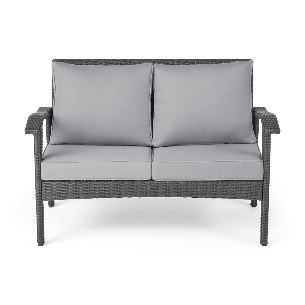 English Elm Christopher Knight Home® - HONOLULU Loveseat Grey Silver PE Rattan Patio Sofa with Iron Frame, Waterproof Cushions, Compact 44.25"L 52919.00IRNGRY