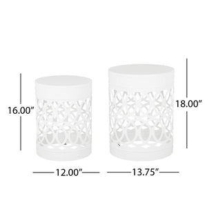 English Elm Outdoor Powder-coated Iron Nesting Accent Tables Set of 2 Laser-cut Circle Design White 73606.00WHI