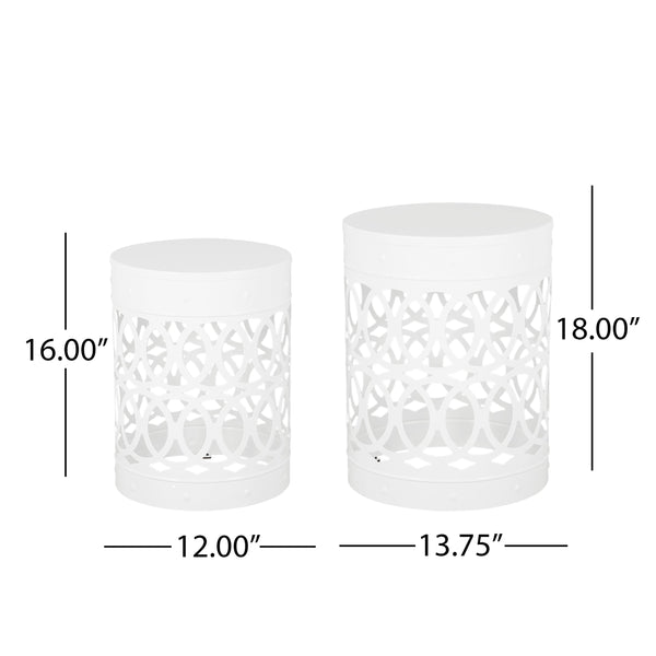 English Elm Outdoor Powder-coated Iron Nesting Accent Tables Set of 2 Laser-cut Circle Design White 73606.00WHI