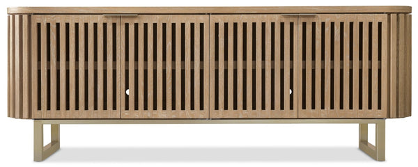 Hooker Furniture Commerce Easton Entertainment Console In Desert Oak — White Oak Solids, Slatted Doors, Cable Management, 78" Wide 7228-55050-82