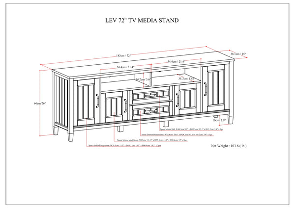 English Elm Lev 72" TV Media Stand Smoky Brown - Solid Wood, Cord Management, Large Storage for TVs up to 80" B136P158820