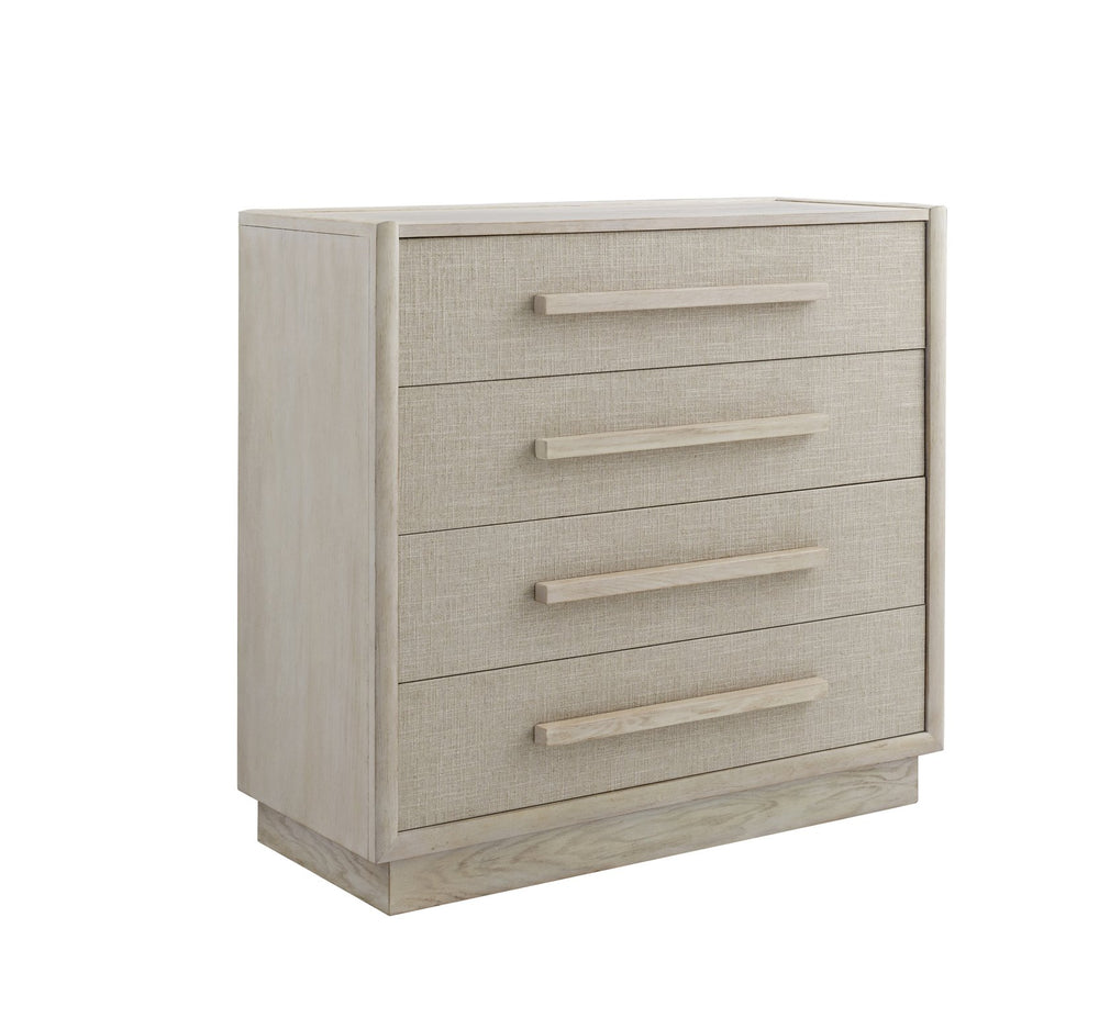A.R.T. Furniture Cotiere Contemporary Drawer Chest With Linen Fabric, Cedar Lining, And Soft-close Glides For Storage Beige Material, Parawood Solids,Mixed Split Cathedral Quarter,White Oak Veneer,Fabric 299150-2349