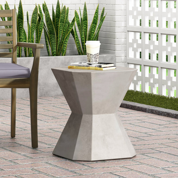 English Elm Outdoor Sculptural Concrete Side Table Hourglass Base Minimalist Patio Accent 73453.00
