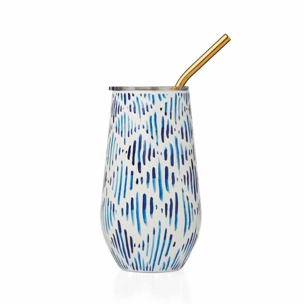 Lenox Blue Bay Ikat Pattern Stainless Steel Wine Tumbler With Straw Blue, BLUE METAL 895733