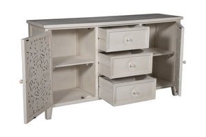 Porter Designs Porter Bali Solid Wood Sideboard – Hand-carved Artisan Design With Elegant Floral Motif & Storage White Wood 07-196-06-bcc03/Wht