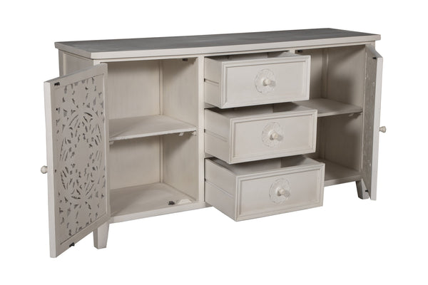 Porter Designs Porter Bali Solid Wood Sideboard – Hand-carved Artisan Design With Elegant Floral Motif & Storage White Wood 07-196-06-bcc03/Wht