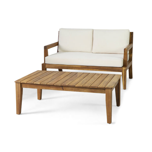 English Elm Christopher Knight Home® - Camak Acacia Wood Outdoor Loveseat & Coffee Table Set in Teak Beige — Weather-Resistant, 800lb Capacity 71702.00BGE