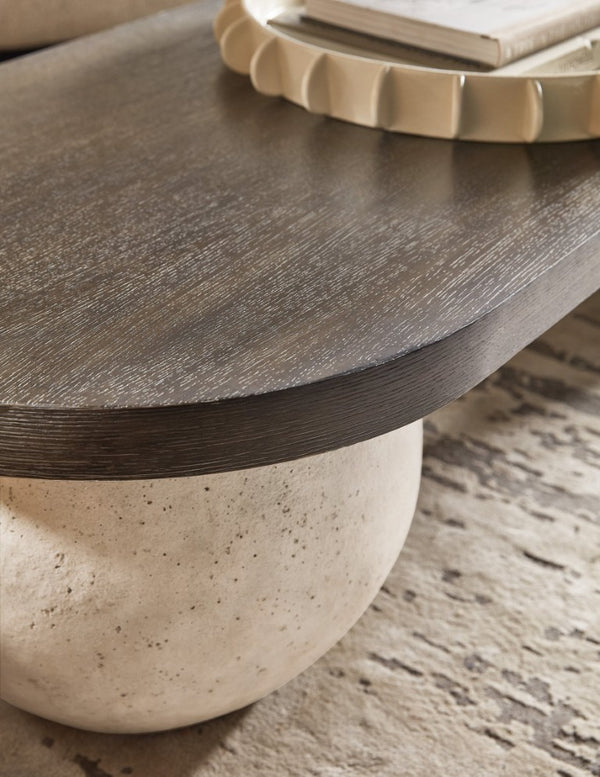 Hooker Furniture Commerce Gibbons Cocktail Bench — Sculptural Oak Pedestal Bench With Resin Accents, Dark Oak Finish, Cream Base 7228-50721-89