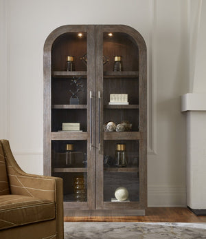 Hooker Furniture Modern Mood Display Cabinet With Integrated Lighting, Quartered Oak Veneer, Leather Pulls, Soft-Close Doors Medium Brown 6850-75906-89