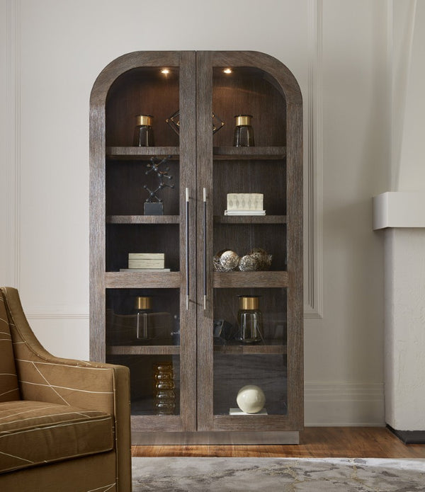 Hooker Furniture Modern Mood Display Cabinet With Integrated Lighting, Quartered Oak Veneer, Leather Pulls, Soft-Close Doors Medium Brown 6850-75906-89