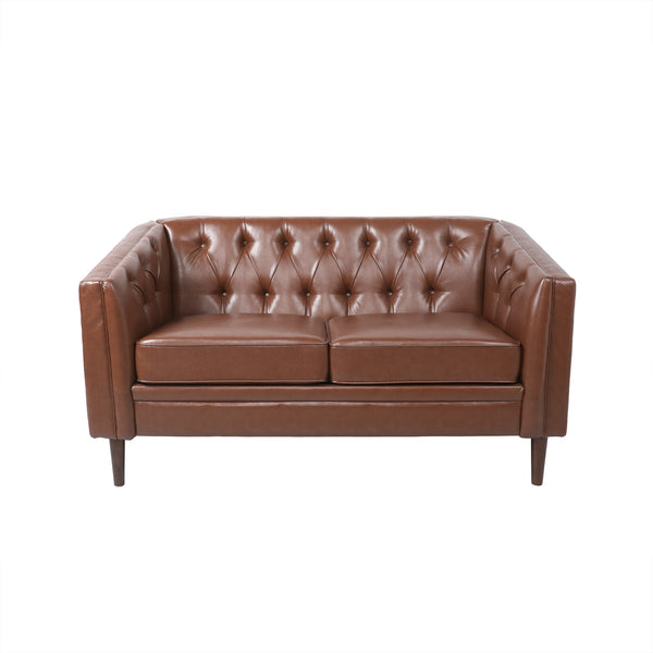 English Elm Christopher Knight Home® - LOVESEAT Diamond-Tufted PU Upholstery with Button Stitching, Tapered Birch Legs, Contemporary Chic Light Brown 72248.00
