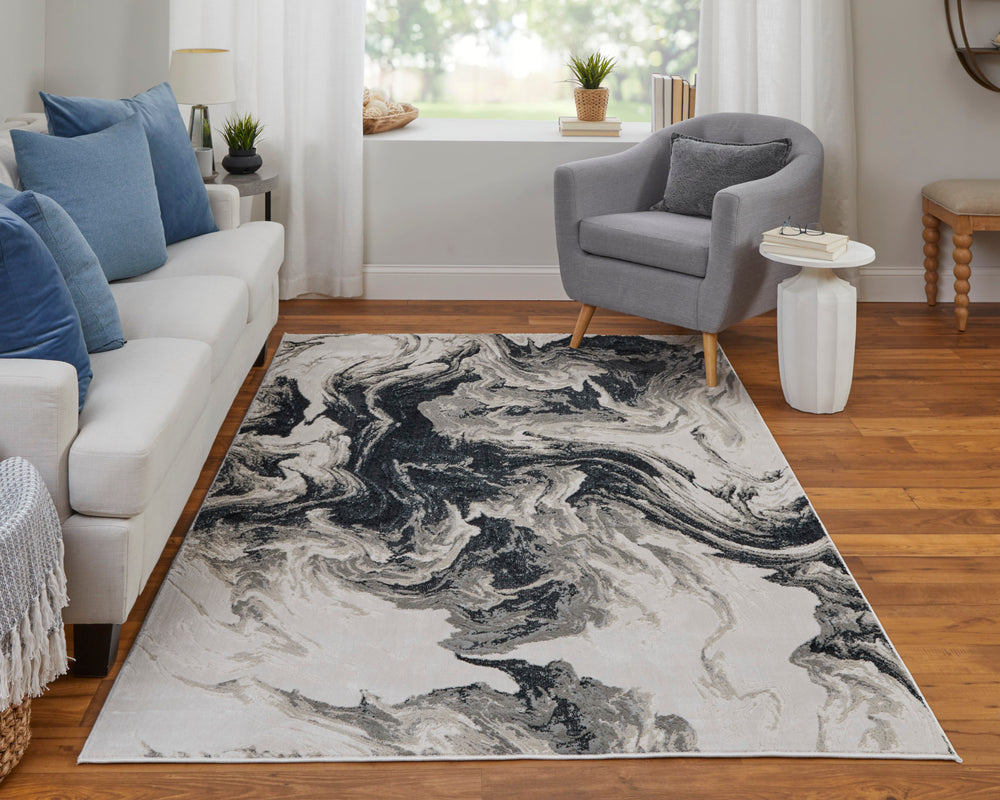 Feizy Rugs Micah Abstract Watercolor Area Rug - Soft, Stain-resistant, Modern Design For High Traffic Spaces Ivory,Black,Taupe Polyester,Polypropylene 69439lpfblkivyi71