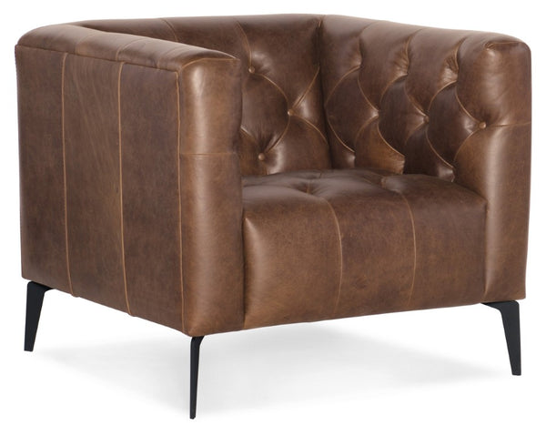 Hooker Furniture Nicolla Saddlebag Lodge Aniline Leather Chair With Button Tufting, Low Arms & Slim Black Metal Legs Medium Brown SS637-01-089