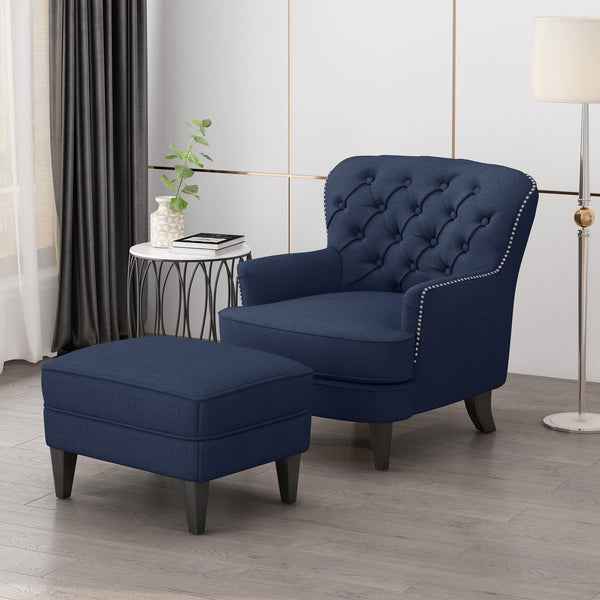 English Elm Christopher Knight Home® - CLUB Plush Fabric Club Chair and Ottoman Set with Birch Legs, Cozy 100% Polyester Upholstery Comfort Blue 33.75 L x 33.5 W x 31 H 67821.00BLU